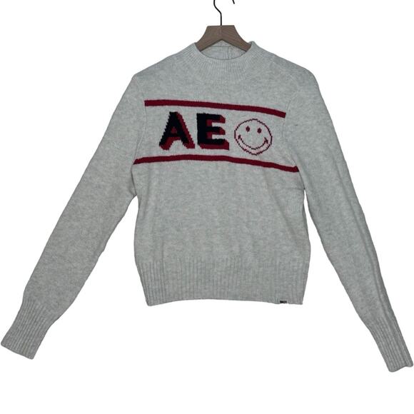 American Eagle Smiley Sweater Logo Mock Neck Lightweight Long Sleeve Size M NEW - Picture 2 of 9